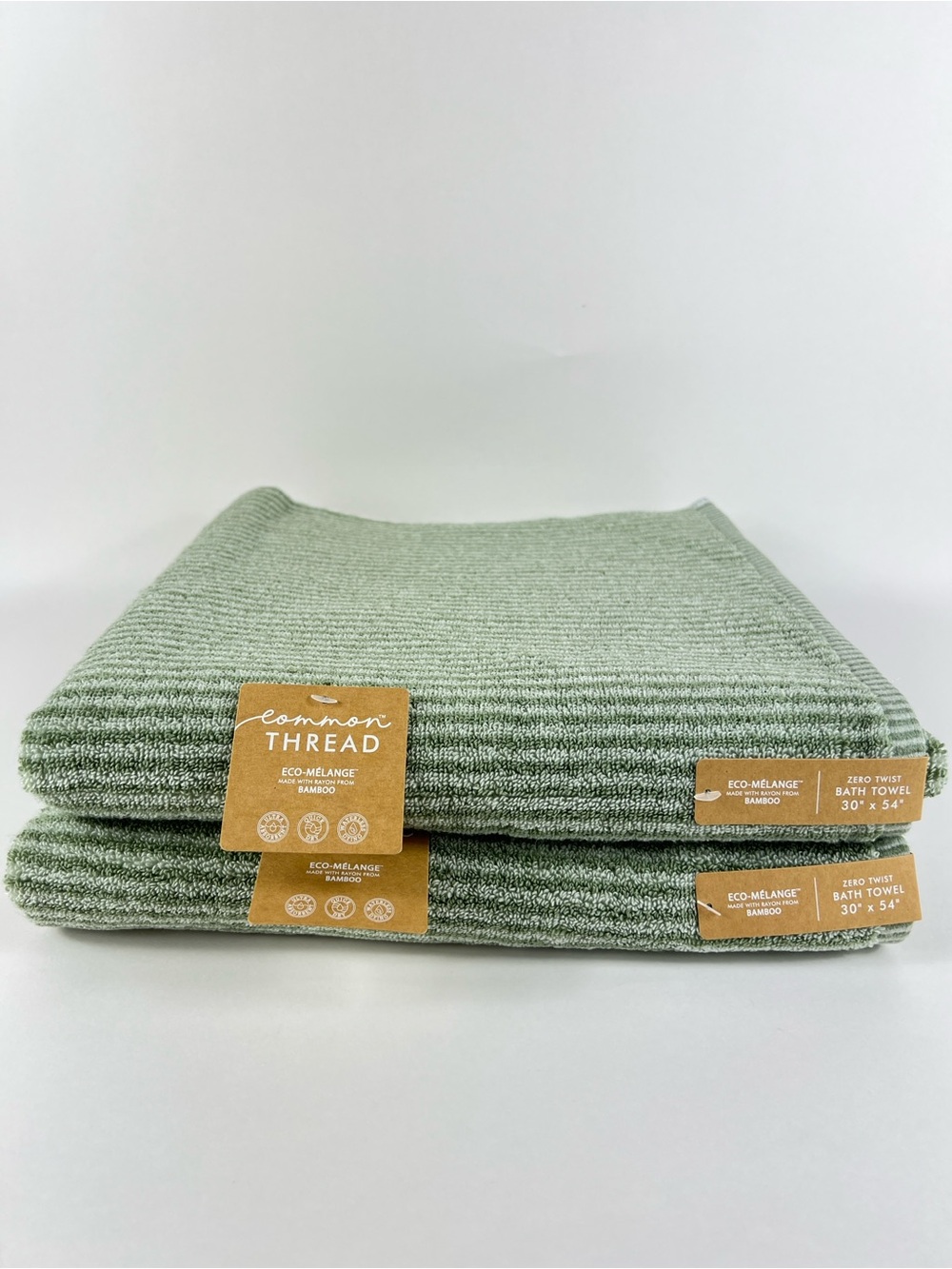 Common Thread 2 Pc Bamboo Bath Towels Green Striped Zero Twist Soft Cotton  NEW